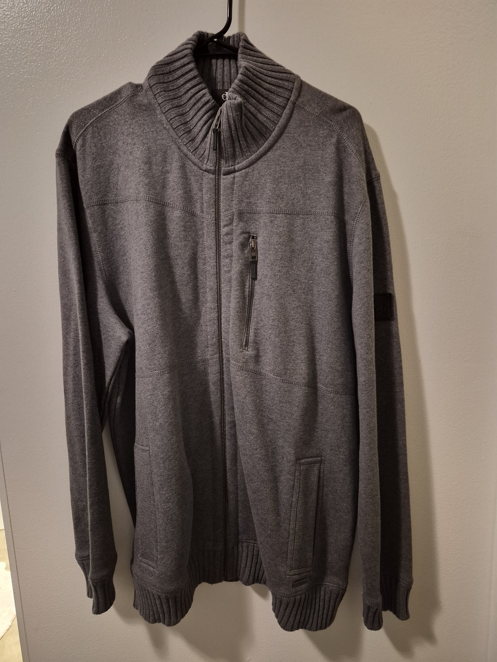 Calvin Klein Men's Charcoal Full-Zip Ribbed Collar Sweater